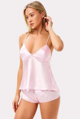Sırt Dekolteli Şortlu Saten Pijama Takım Pembe 