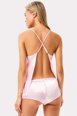 Sırt Dekolteli Şortlu Saten Pijama Takım Pembe - Pijama