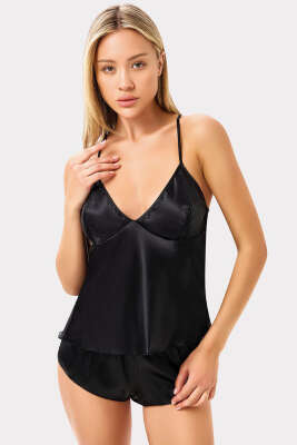 Sırt Dekolteli Şortlu Saten Pijama Takım Siyah 