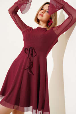 Sırt Dekolteli Tül Detaylı Mini Elbise Bordo - Kadın Giyim Modelleri