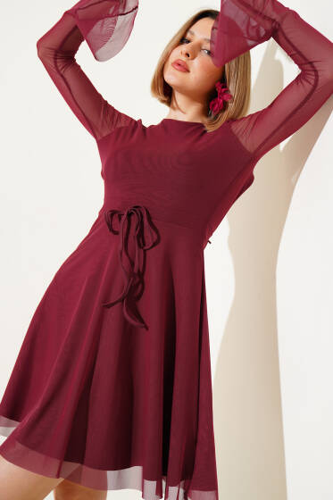 Sırt Dekolteli Tül Detaylı Mini Elbise Bordo - Kadın Giyim Modelleri