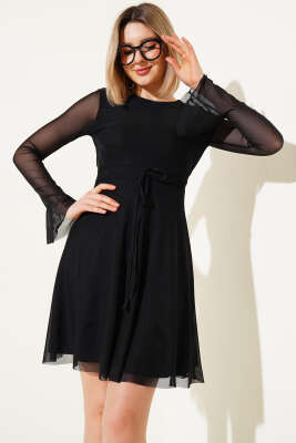 Sırt Dekolteli Tül Detaylı Mini Elbise Siyah - Kadın Giyim Modelleri