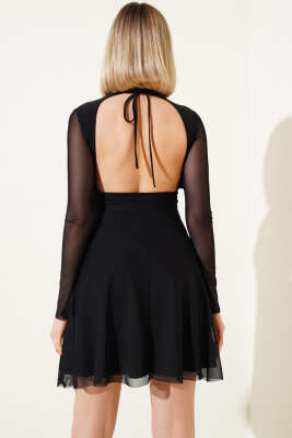 Sırt Dekolteli Tül Detaylı Mini Elbise Siyah - Kadın Giyim Modelleri