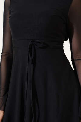 Sırt Dekolteli Tül Detaylı Mini Elbise Siyah - Kadın Giyim Modelleri