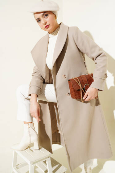 Sırt Düğmeli Kaşe Kaban Bej - Kaban