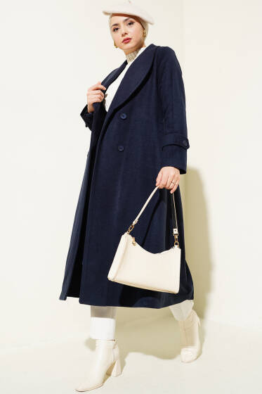 Sırt Düğmeli Kaşe Kaban Lacivert - Kaban