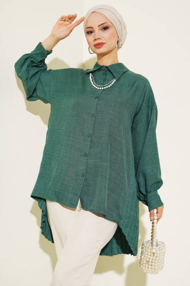 Sırt Pileli Keten Gömlek Yeşil - Gömlek