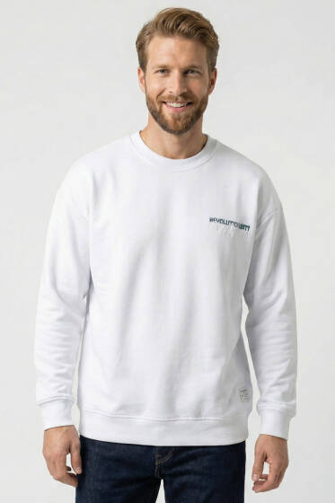 Sırt Ve Yaka Baskılı Erkek Sweatshirt Beyaz - Erkek Sweatshirt