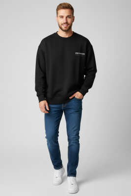 Sırt Ve Yaka Baskılı Erkek Sweatshirt Siyah - Erkek Sweatshirt