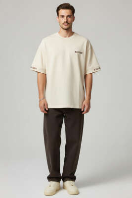 Sırt Yazılı Oversize Erkek T-shirt Krem - Erkek T-shirt