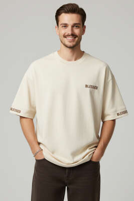 Sırt Yazılı Oversize Erkek T-shirt Krem - Yılın Fırsatı