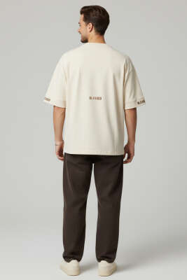 Sırt Yazılı Oversize Erkek T-shirt Krem - Yılın Fırsatı