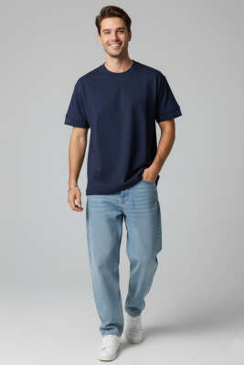 Sırt Yazılı Oversize Erkek T-shirt Lacivert - Erkek T-shirt