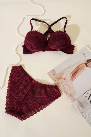Sırtı Çapraz Dantelli Destekli Sütyen Takım Mürdüm - Destekli Sütyen Takım
