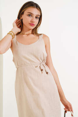 Sırtı Dekolteli Askılı Keten Elbise Bej - Kadın Giyim Modelleri