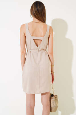 Sırtı Dekolteli Askılı Keten Elbise Bej - Kadın Giyim Modelleri