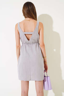 Sırtı Dekolteli Askılı Keten Elbise Gri - Kadın Giyim Modelleri