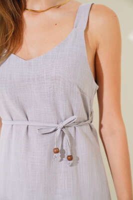 Sırtı Dekolteli Askılı Keten Elbise Gri - Kadın Giyim Modelleri