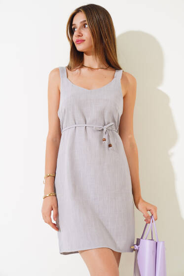 Sırtı Dekolteli Askılı Keten Elbise Gri - Yeni Giyim