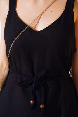 Sırtı Dekolteli Askılı Keten Elbise Siyah - Kadın Giyim Modelleri