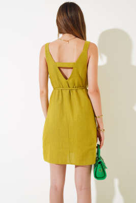 Sırtı Dekolteli Askılı Keten Elbise Yağ Yeşili - Kadın Giyim Modelleri