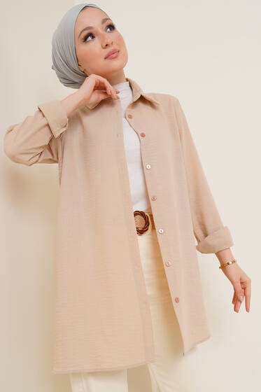 Sırtı Düğme Süslemeli Keten Gömlek Bej - Gömlek