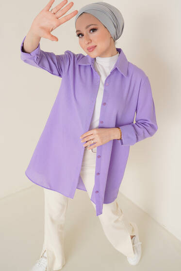 Sırtı Düğme Süslemeli Keten Gömlek Lila - Gömlek
