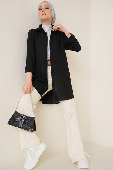 Sırtı Düğme Süslemeli Keten Gömlek Siyah - Gömlek