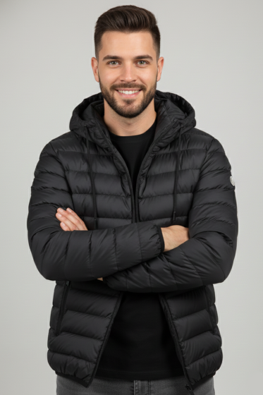 Şişme Kapüşonlu Armalı Erkek Mont Siyah - Erkek Mont