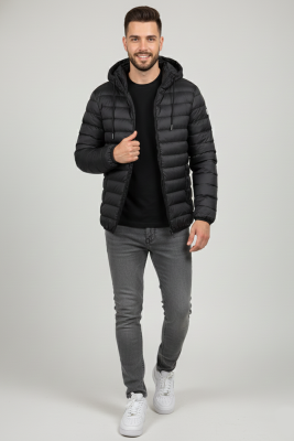 Şişme Kapüşonlu Armalı Erkek Mont Siyah - Erkek Mont