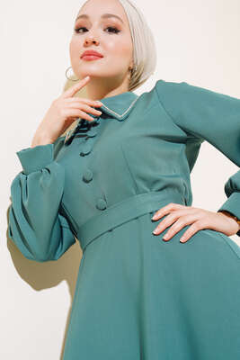 Sivri Yaka Taşlı Elbise Çağla Yeşili - Thumbnail