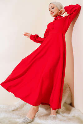 Sivri Yaka Taşlı Elbise Kırmızı - Thumbnail