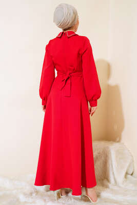 Sivri Yaka Taşlı Elbise Kırmızı - Thumbnail