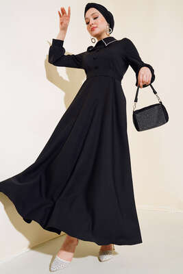 Sivri Yaka Taşlı Elbise Siyah - Thumbnail