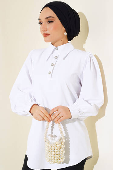 Sivri Yaka Yarım Düğmeli Tunik Beyaz - Tunik