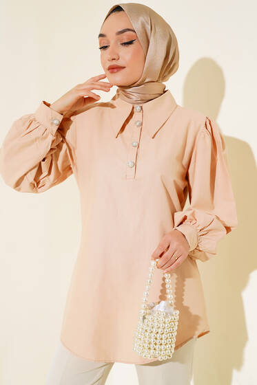 Sivri Yaka Yarım Düğmeli Tunik Camel - Tunik