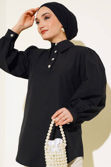 Sivri Yaka Yarım Düğmeli Tunik Siyah - Tunik