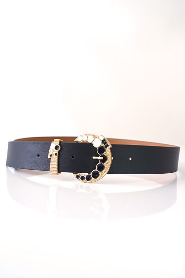 Siyah Beyaz Süsleme Tokalı Siyah Kemer - Deri Kemer