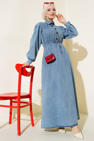 Siyah Düğmeli Kot Elbise Kot - Elbise