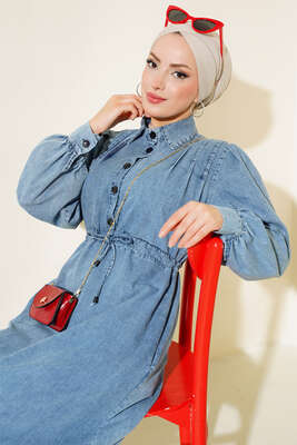 Siyah Düğmeli Kot Elbise Kot - Tesettür Elbise