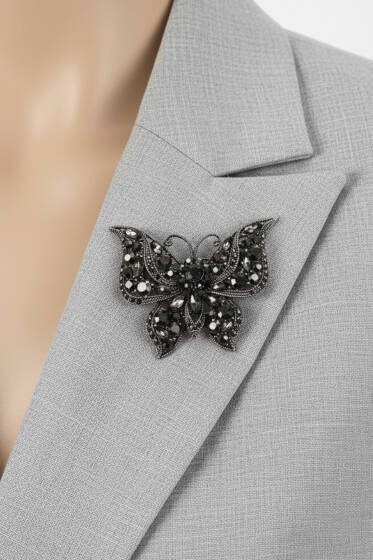 Siyah Taşlı Kelebek Broş Gümüş - Broş