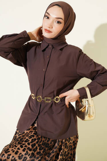 Slim Fit Basic Kısa Gömlek Kahve - Yılın Fırsatı