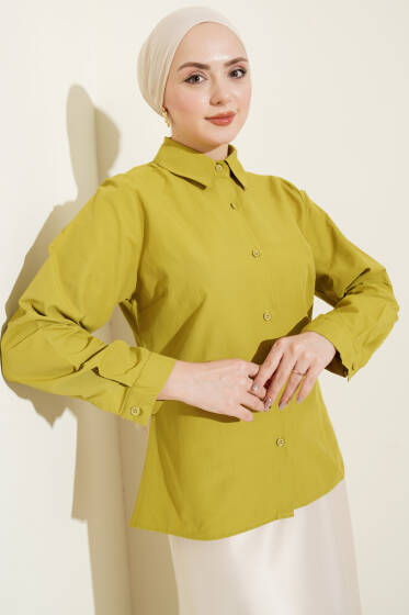 Slim Fit Basic Kısa Gömlek Yağ Yeşili - Gömlek