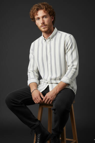 Slim Fit Çizgili Keten Erkek Gömlek Füme - Erkek Gömlek