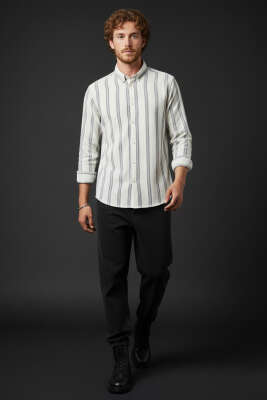 Slim Fit Çizgili Keten Erkek Gömlek Füme - Erkek Gömlek