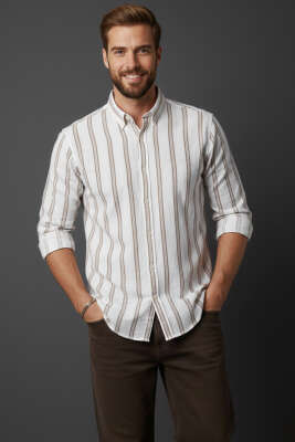 Slim Fit Çizgili Keten Erkek Gömlek Latte - BESSE