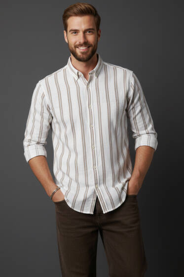Slim Fit Çizgili Keten Erkek Gömlek Latte - Erkek Gömlek