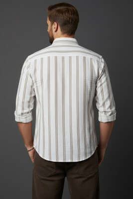 Slim Fit Çizgili Keten Erkek Gömlek Latte - Erkek Gömlek