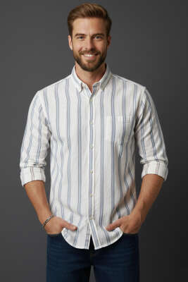 Slim Fit Çizgili Keten Erkek Gömlek Mavi 