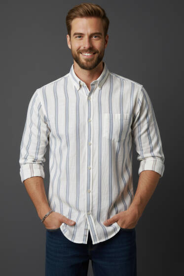 Slim Fit Çizgili Keten Erkek Gömlek Mavi - Erkek Gömlek